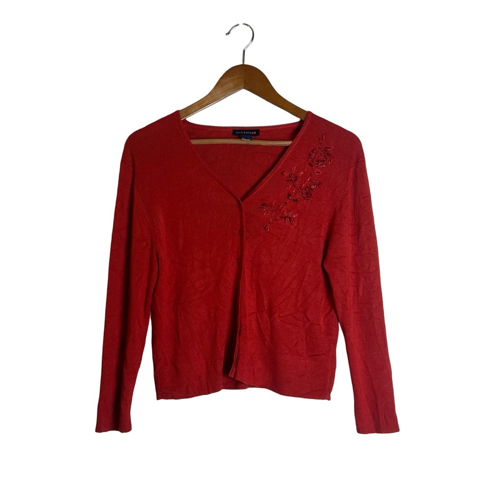Ann Taylor silk knit embroidered cardigan. Size large